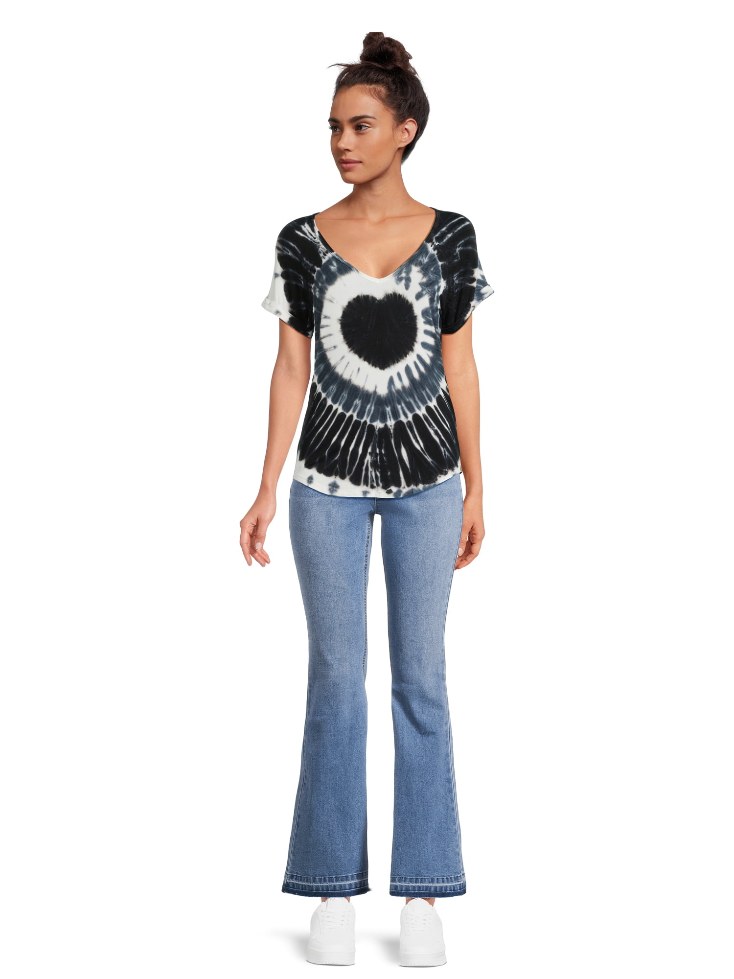 No Boundaries T-Shirt, Tie-Dye, 95% Rayon, 5% Spandex, Black Heart, (Female)