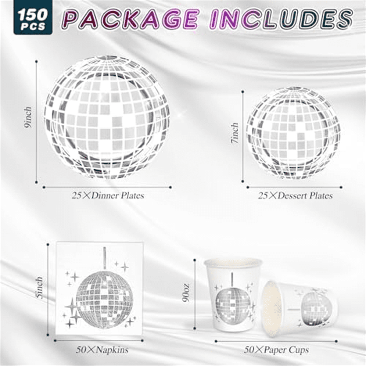 Disco Party Supplies Tableware Set Disco Ball Dinner Plate Napkin Fork Disco Birthday Rock Dance Music Party, 150 PCS
