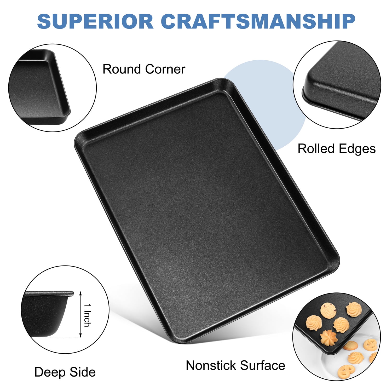 Vesteel Nonstick Baking Sheet Set of 4 (16/12/10.5/9 inch), Carbon Steel Baking Pan Tray Cookie Sheet, Half Sheet Bakeware Toaster Oven Pans for Baking
