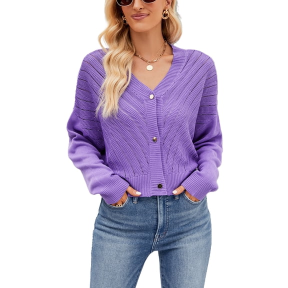SWSMCLT Women's Long Sleeve Button Up Cardigan Batwing Sleeve V Neck Crop Top Sweater Soft Knit Sweaters Fashion Loose Baggy Fall Drop Shoulder Purple Large