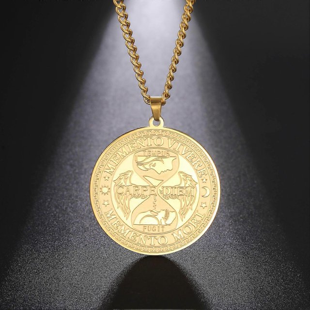 Collar con colgante de tarjeta redonda con forma de reloj de arena y calavera de belleza para mujeres y hombres, joyería de moda, collar de cadena cubana de acero inoxidable, regalo --- Código de pro
