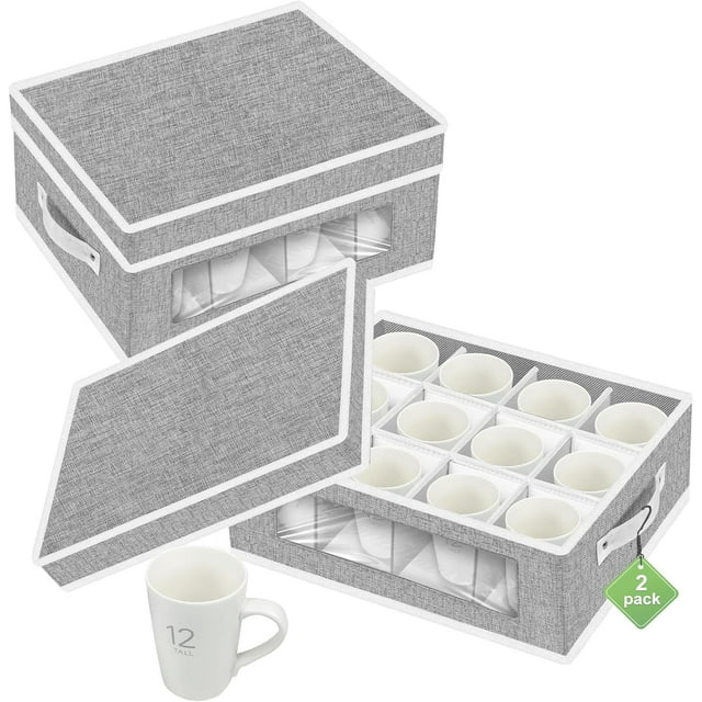 2 Pack Boîte de Rangement pour Tasses et Tasses à Café avec Séparateurs, Conteneurs de Stockage en Chine Coque Rigide avec 24 Compartiments pour Déménagement et Protection (Gris)