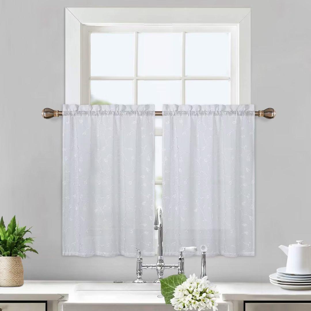 VELBAY Sheer White Curtains 36 Inch Length Short Embroidered Kitchen Tier Curtains for Small