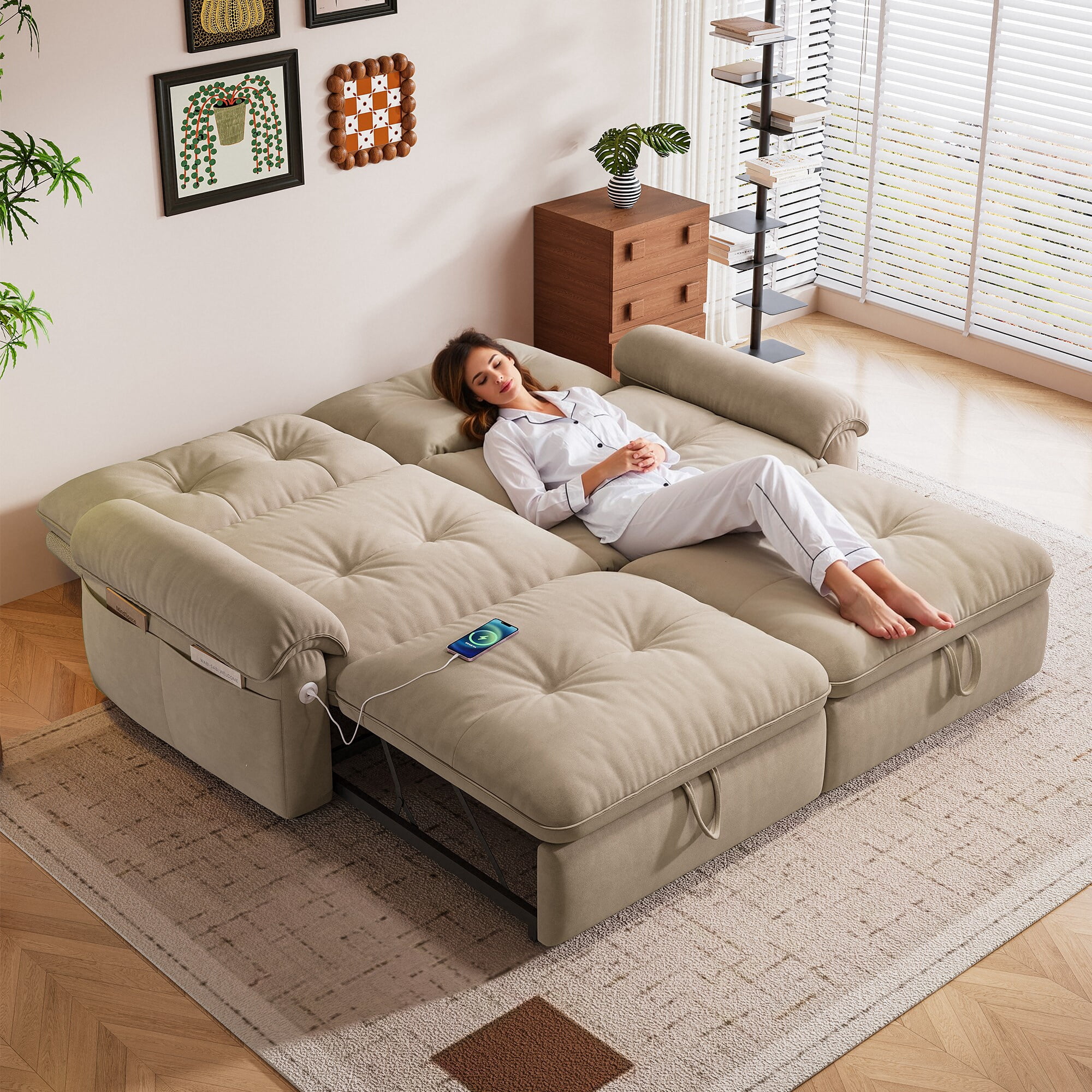 Leumius 77" Convertible Sofa Bed,2-in-1 Cloud Loveseat Sleeper Sofa with Steel Frame & USB, Chenille Pull Out Bed for Living Room/Bedroom/Apartment,Brown
