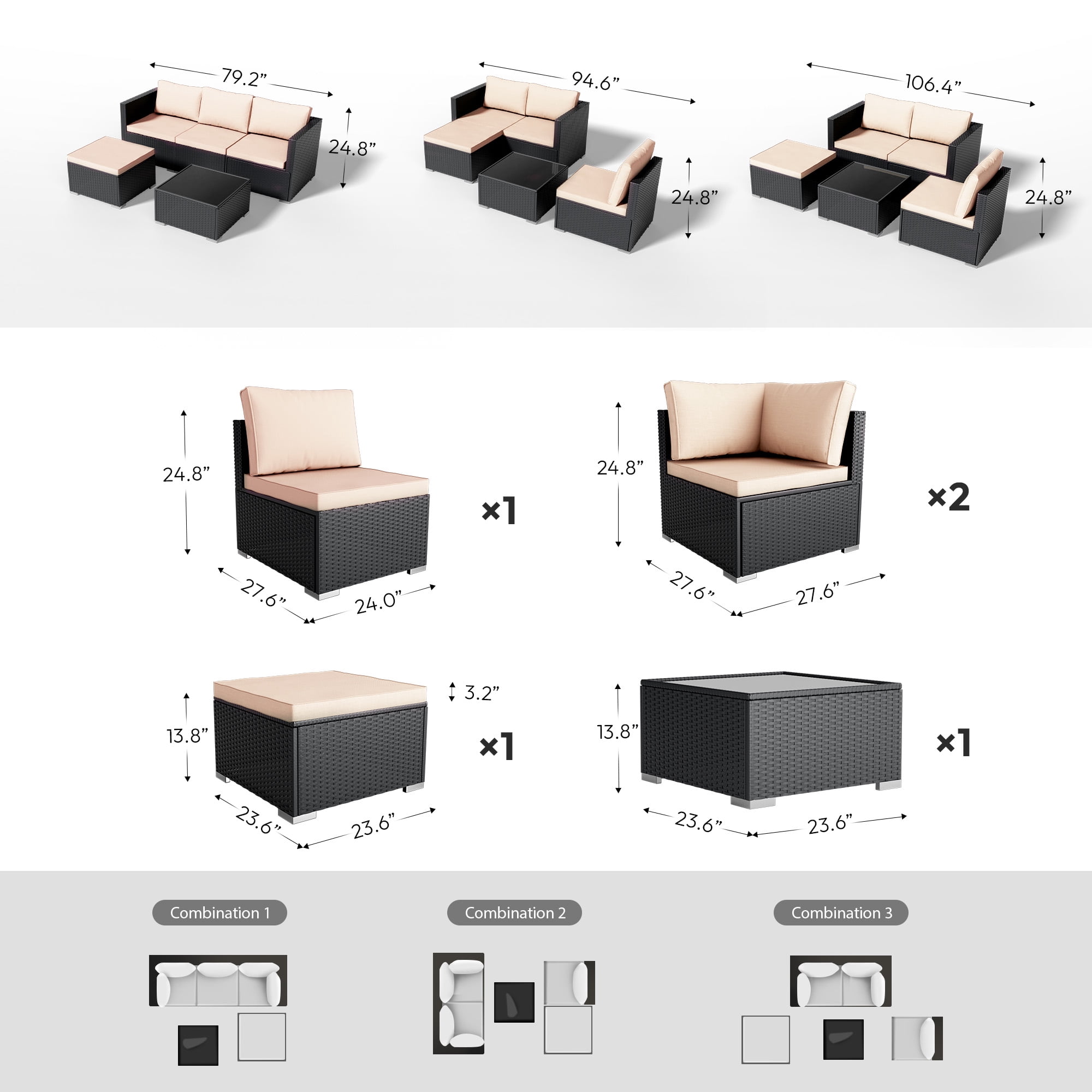 Patio Furniture Set 5 Piece - Wide Armrests - All-Weather Wicker Rattan Outdoor Patio Conversation Couch Sets, Modular Sectional Sofa for Garden, Patio, Poolside, Backyard, Balcony, Porch,Khaki