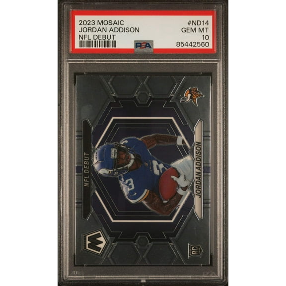 Graded 2023 Panini Mosaic Jordan Addison #ND14 NFL Debut Rookie RC Football Card PSA 10 Gem Mint
