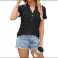 thumbnail image 2 of Camisetas de Mujer Modernas con Cuello en V y Botones, de Corta, Informales, Básicas, Holgadas Negro XL, 2 of 10