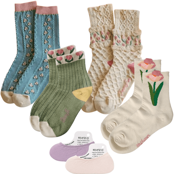 4 Pares Calcetines Algodón Calceta Cortas Flores 3d Moda