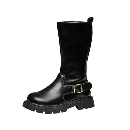

TAIAOJING Girls Ankle Boot Fashion Winter Children Boots Thick Soles Non Slip Solid Color Black Round Toe Side Zipper Plush For Warm And Comfortable