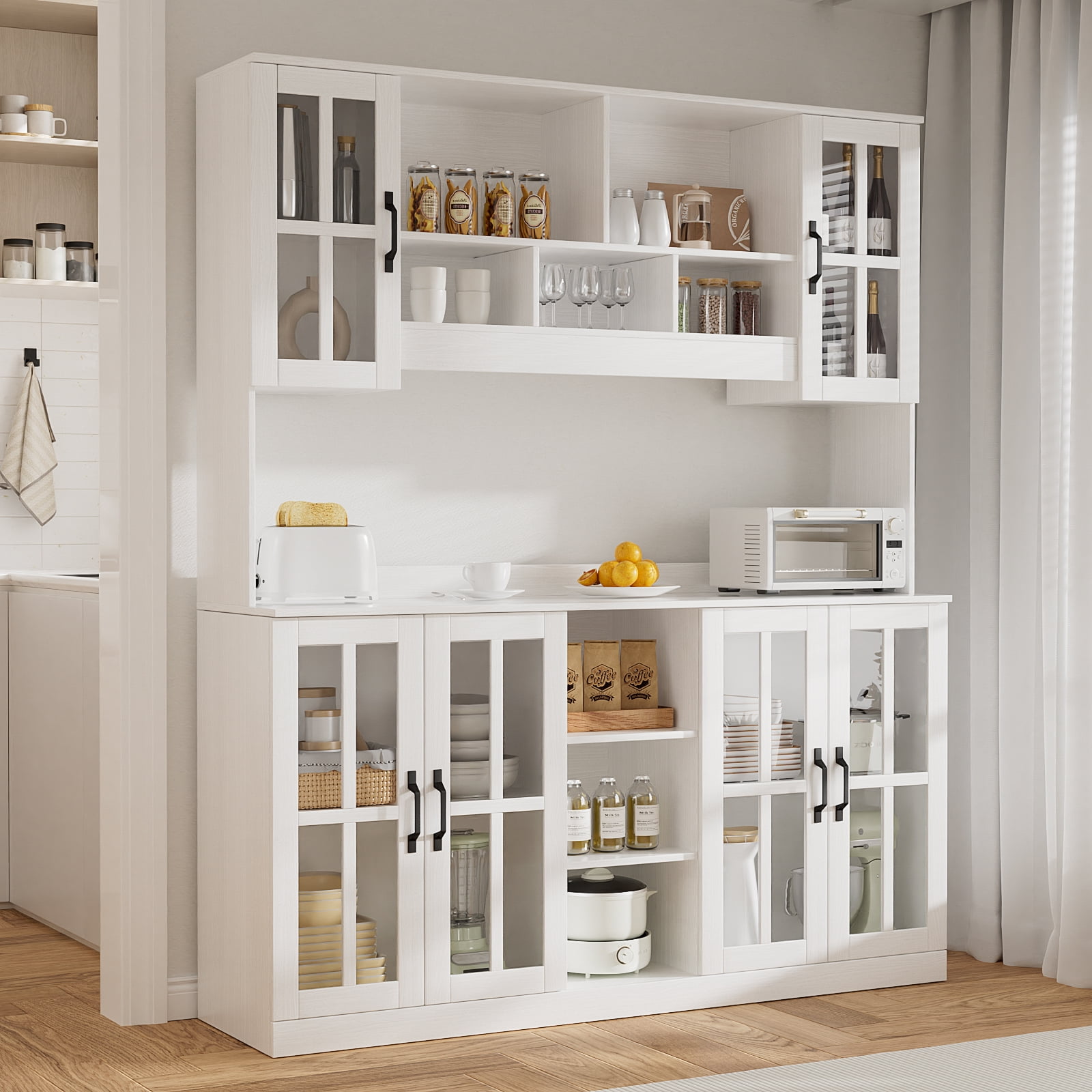 RichYa Pantry Cabinet with Hutch,Kitchen Storage Cabinet with Doors and Shelves,Coffee Bar with 59"Wide Countertop for Dining Room,White(X)