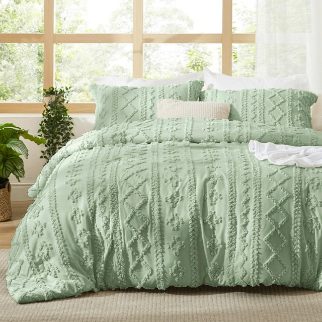 Juego de Edredón Bedsure Tufted Boho Talla Twin - Verde Salvia