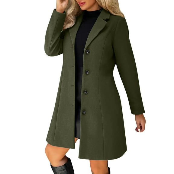 CharmCyan Women's Solid Color Long Sleeved Lapel Long Coat Woolen Button Coat Army Green L