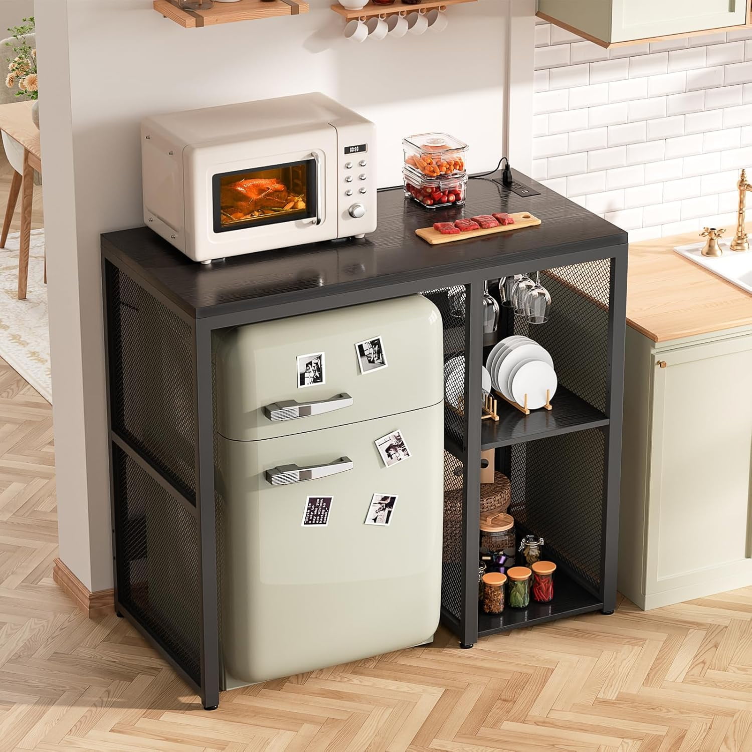 Homieasy Small Bar Cabinet with Mini Fridge Space, Coffee Bar Microwave Stand with Power Outlet, Bar Stand with Glass Holder for Kitchen, Dining, Black