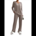 thumbnail image 2 of Conjunto de Pijama de Dos Piezas de Punto Acanalado para Mujer: Suéter de Larga y Pantalón . Caqui Oscuro XL, 2 of 8
