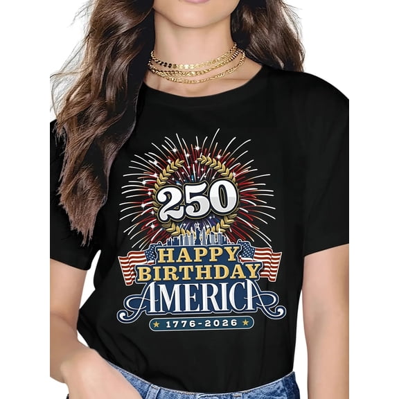 Retro 250th Anniversary Happy Birthday America 1776-2026 Patriotic Graphic T-Shirt for Men and Women, USA Pride Independence Day Celebration Short Sleeve Tee