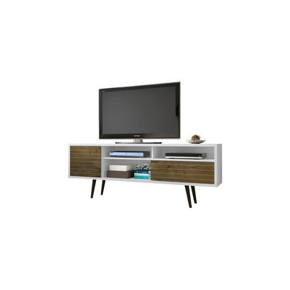 Liberty 70.86 in. Mid Century - Modern TV Stand with Solid Wood Leg 4 Shelving Spaces & 1 Drawer in White & Rustic Brown