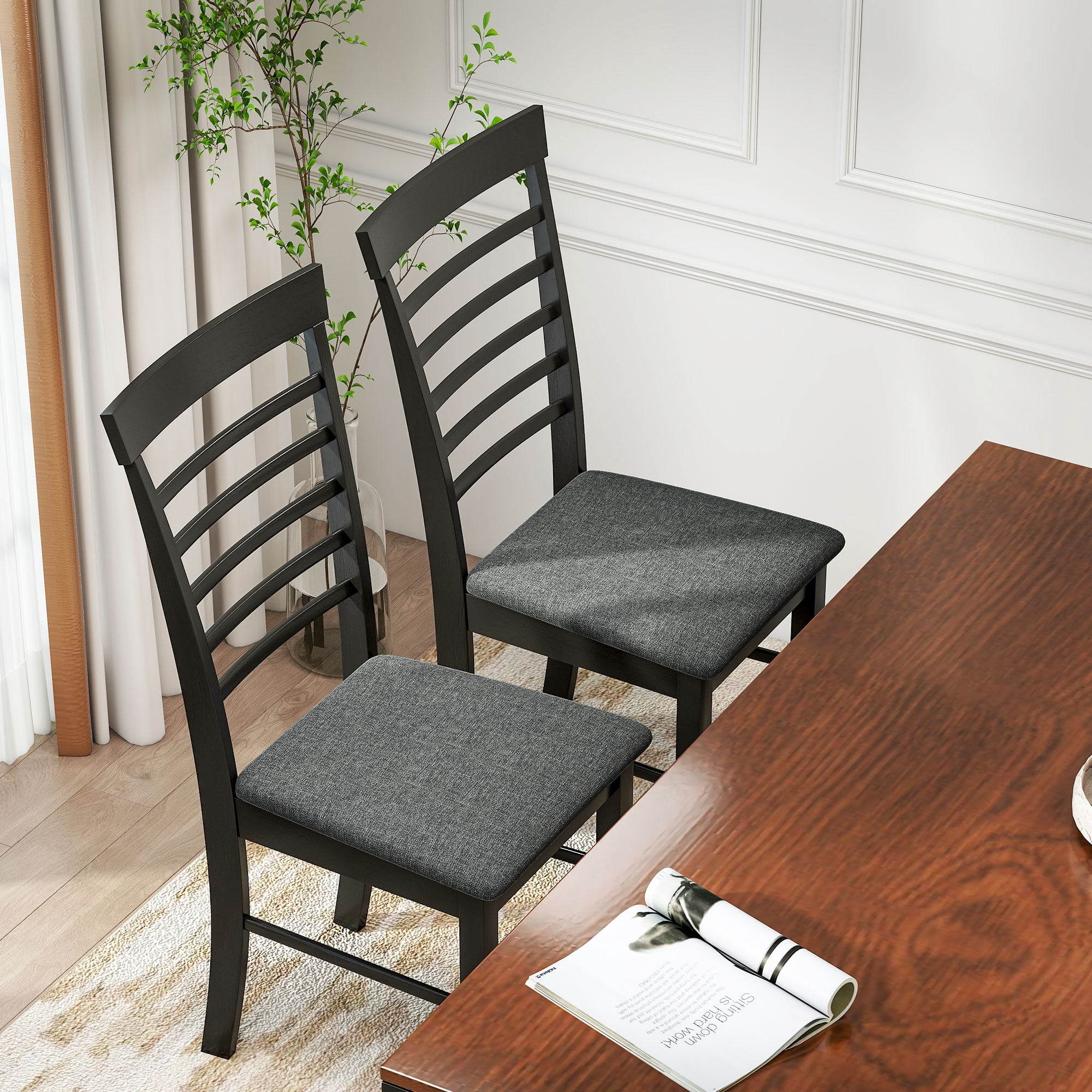 HOMCOM Wooden Dining Chairs Set of 2, Farmhouse Upholstered Kitchen Chairs with Rubber Wood Frame for Living Room, Dining Room, Black and Gray