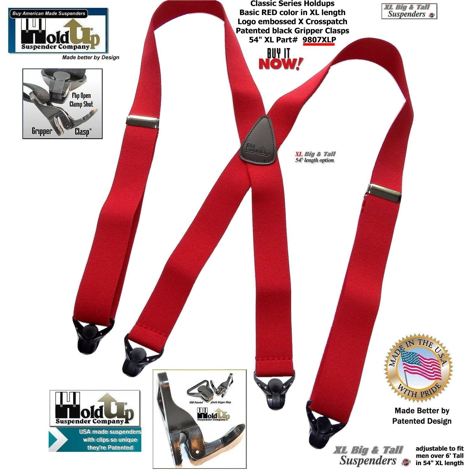 Holdup Suspender Holdup Brand XL Big and Tall size Classic Bright Red Xback Suspenders with