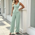 thumbnail image 4 of Women's Solid Color 2 Piece Business Casual Outfits Button Up V Neck Suit Vest and Pants Set Green XL(XL), 4 of 5