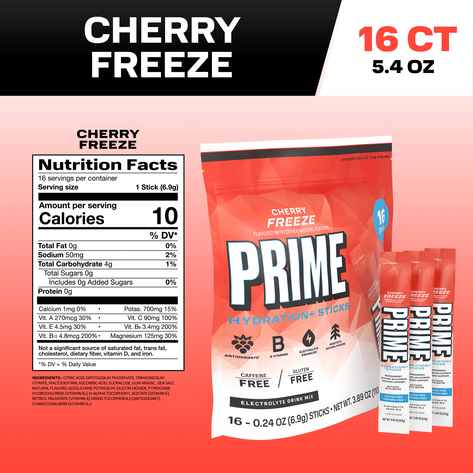 PRIME Hydration+ Cherry Freeze Electrolyte Powder Sticks, Sugar Free, 16 Count