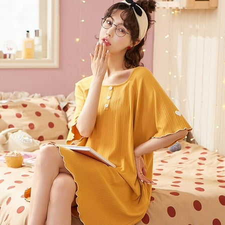 

DanceeMangoo Summer Short Sleeve Cotton Nightgowns for Women Korean Fashion Short Loose NightDress Sleepwear Nightdress Homewear Dress
