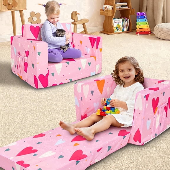 Beavtaens Toddler Sofa, 2-in-1 Pink Flip Open Toddler Couch, with Side Pocket, for Ages 18 Months 