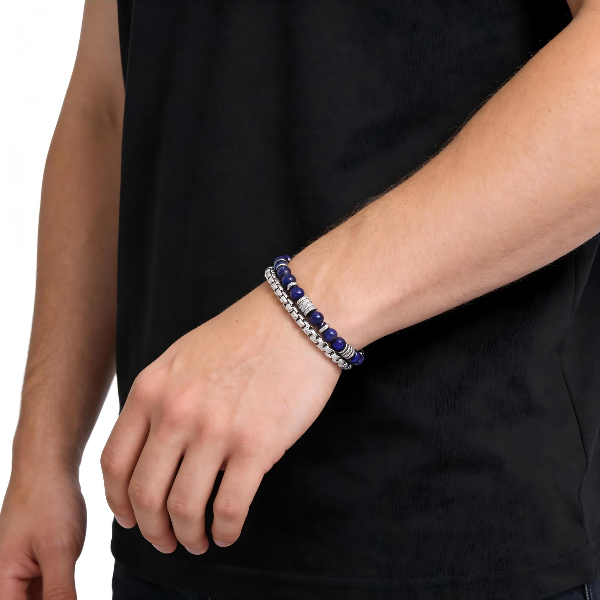 Iron Saints Men Lapis Lazuli Bead Box Chain Bracelets, Stainless Steel, Blue Stone Men Jewelry