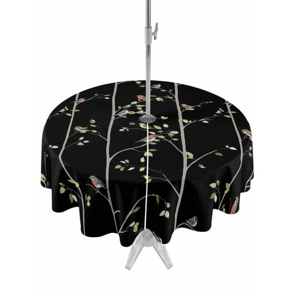 Outdoor Tablecloth with Umbrella Hole Zipper Sparrow Round Tablecloth 54" Waterproof Outside Table Cloth Spring Birds on The Branches Vintage Country Black Patio Table Cover Tablecloths for Picnic