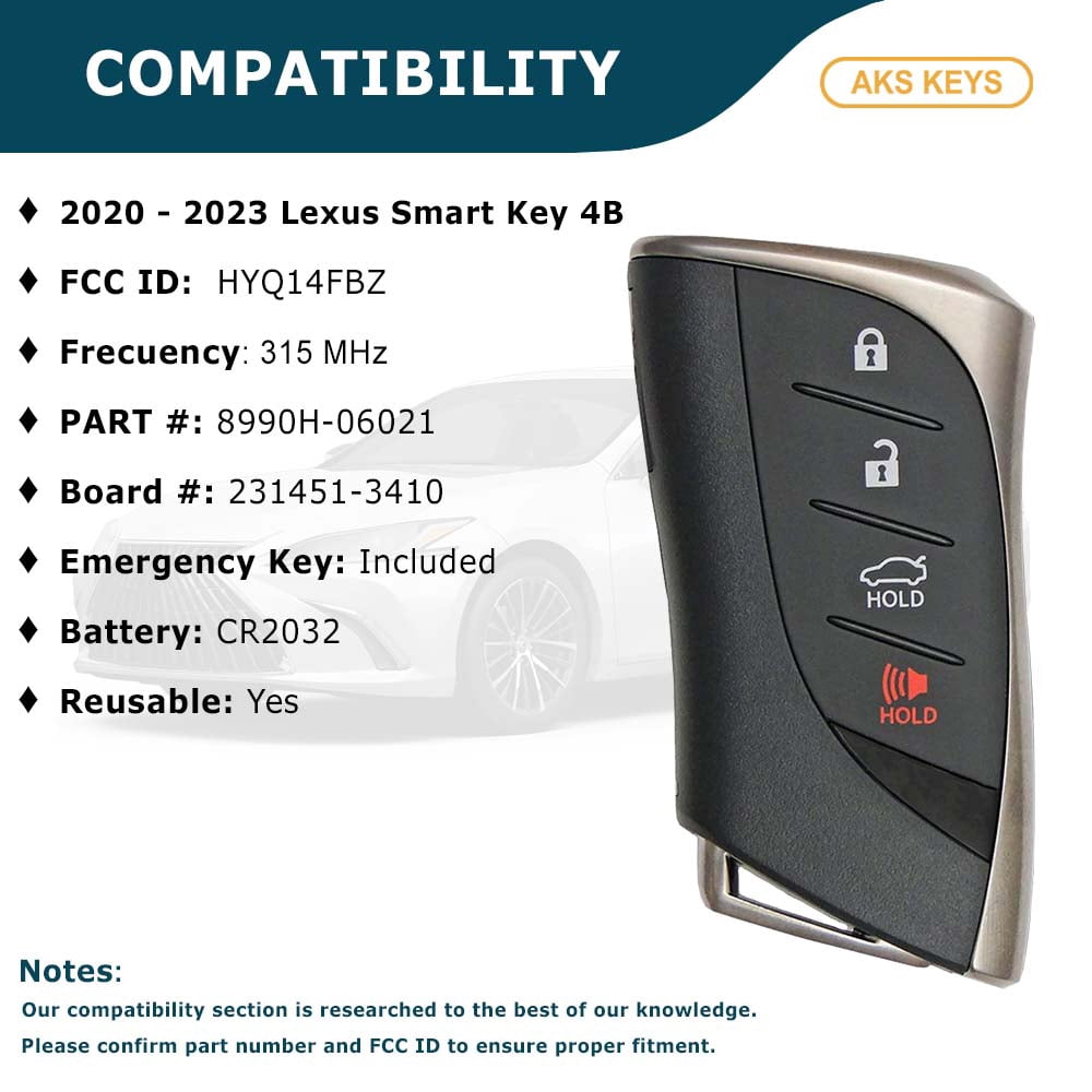 AKS KEYS Replacement for Lexus Smart Key 4 Buttons with Trunk Fob That Uses FCC HYQ14FBZ and Part Number 8990H-06021