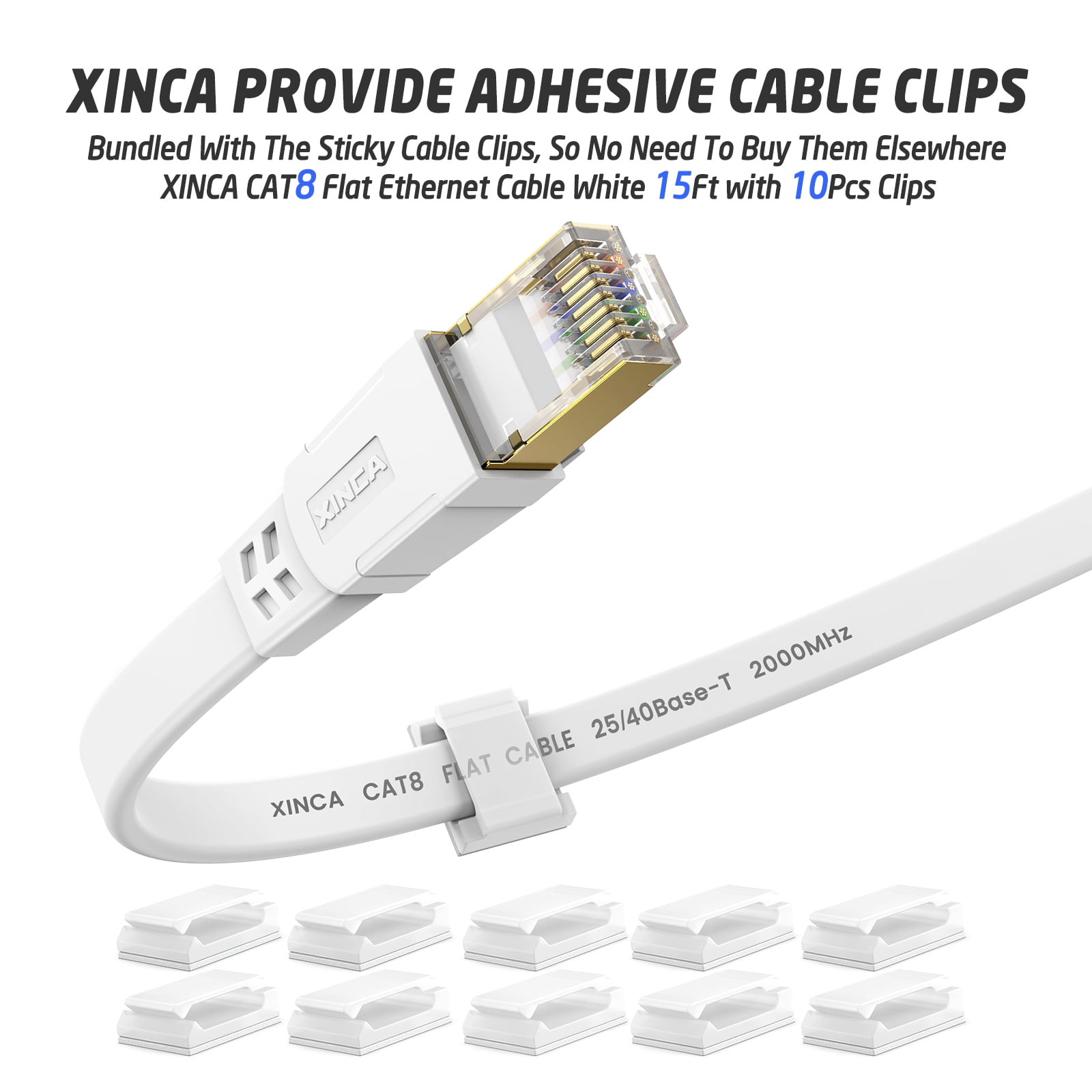 XINCA Cat8 Ethernet Cable lnternet Network Flat Patch Cord 15ft White with 10 Clips Rj45 Connectors transfer speed40 Gbps 2000MHz Connector for modems routers Computers Cable high Speed Cable Distri