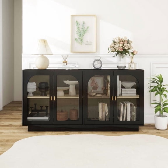 Nmkwnr 4 Door Storage Cabinet with Inner Shelf, Perfect for Living Room, Dining Room, Black