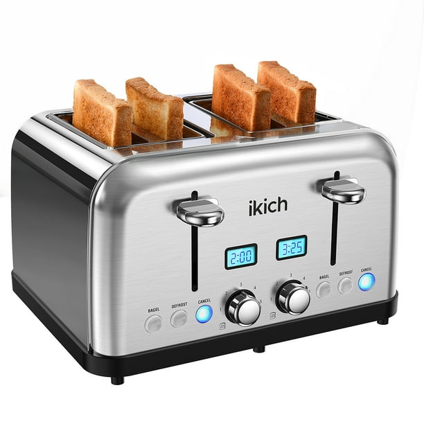 IKICH Toaster 4 Slice, Stainless Steel Toaster with LCD Digital Timer, Dual Control, 6 Shade