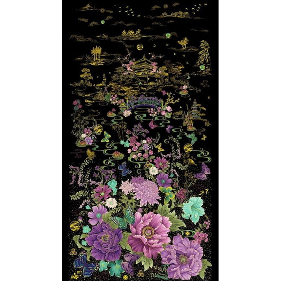 24" X 44" Panel Asian Flowers Floral Nature Landscapes Black Cotton Fabric Panel (PANEL-CM3160-BLACK) by Timeless Treasures