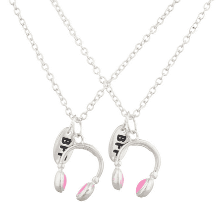Lux Accessories Silver Tone Pink Headphones BFF Best Friends Necklace Set (Best Friends Pinky Promise)