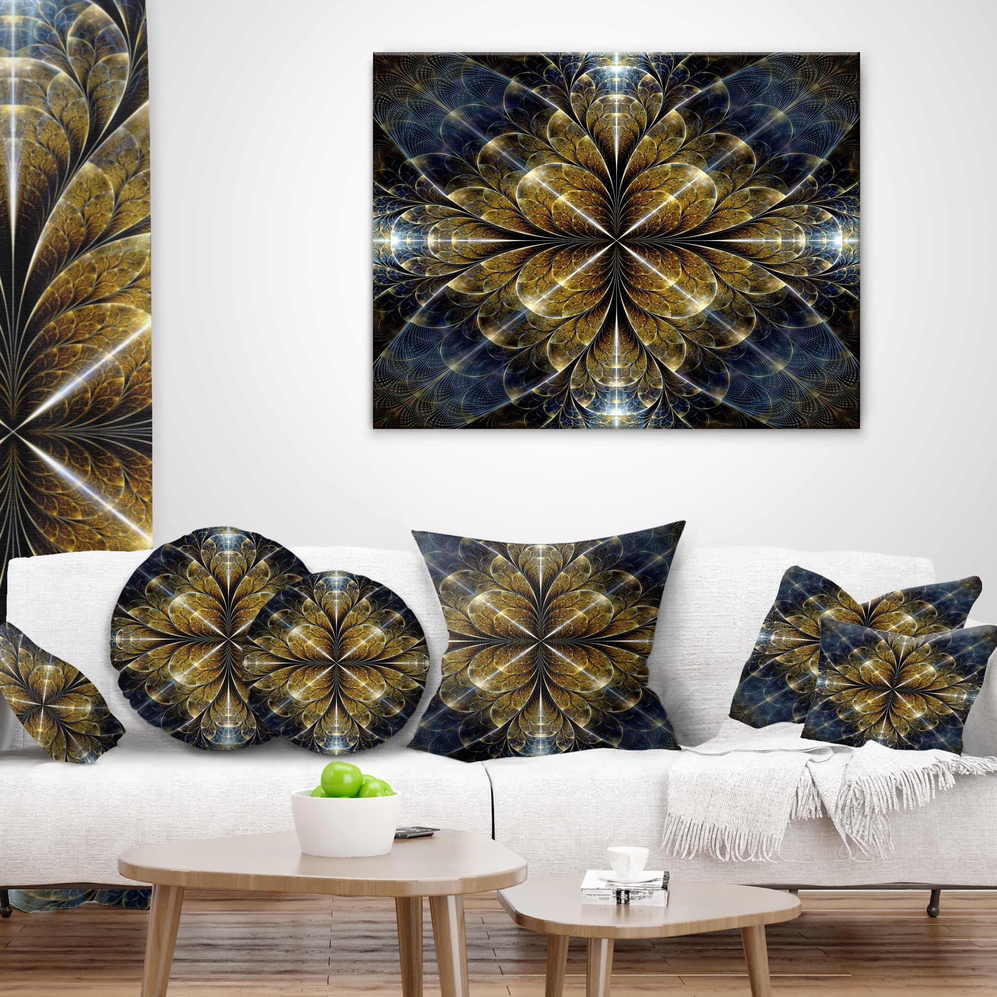 Designart Digital Gold Fractal Flower Pattern - Abstract Throw Pillow - 12x20