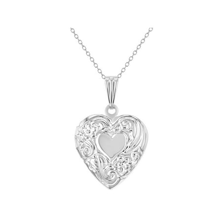 Sterling Silver Floral Pendant - Small Floral Print Memory Photo Pendant Heart Locket Girls Necklace 19