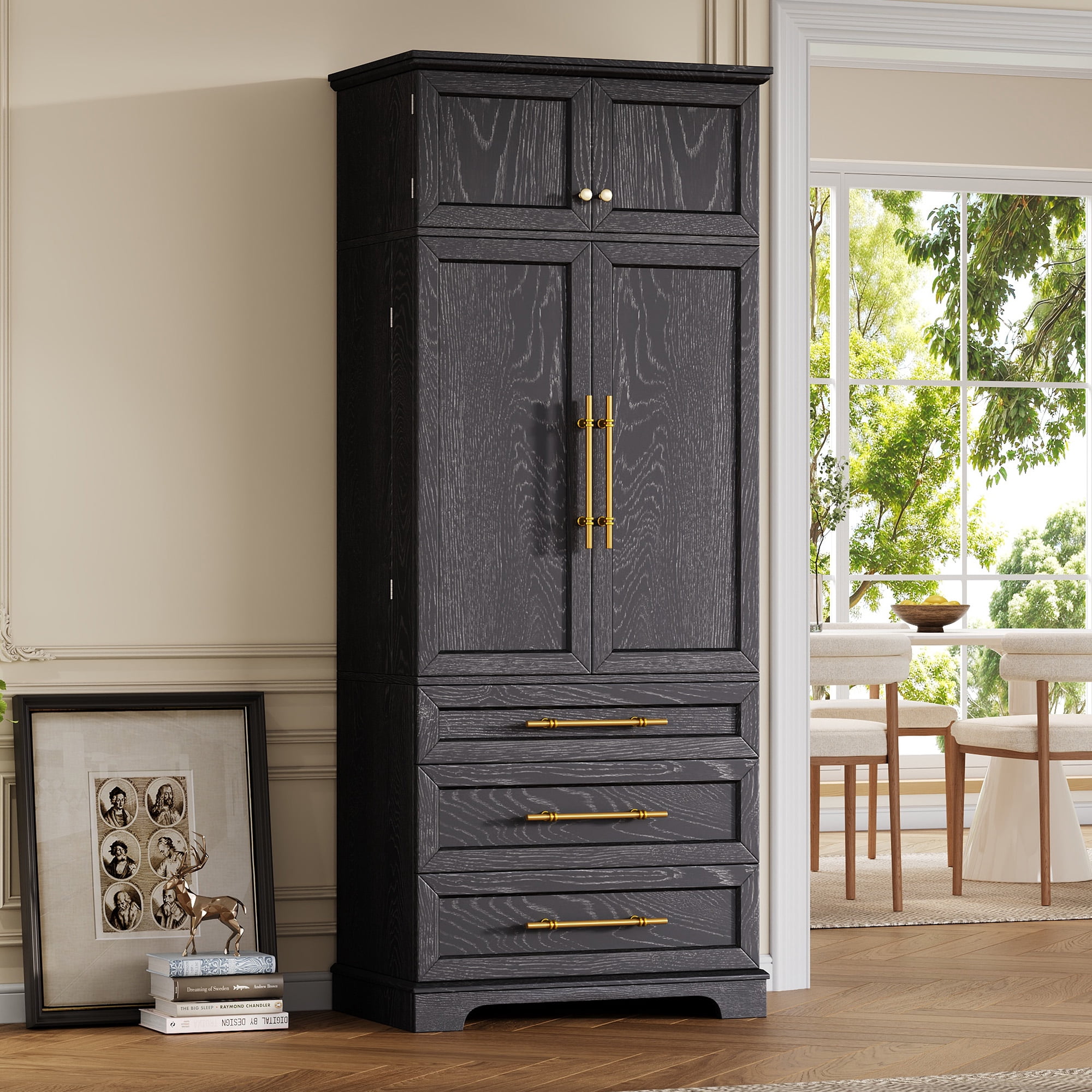 Mintazer 78" Tall Farmhouse Pantry Cabinet with Adjustable Shelves & Door Shelves, Freestanding Storage Cabinet with 3 Large Drawers & Gold Hardware for Kitchen Dining Room Living Room, Black