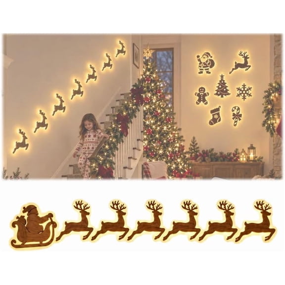 Christmas LED Wall Decorations β 7Pcs Warm Glow Wooden Christmas Wall Art, Peel & Stick 3D Silhouette Lights, Holiday Gift Set for Home Decor