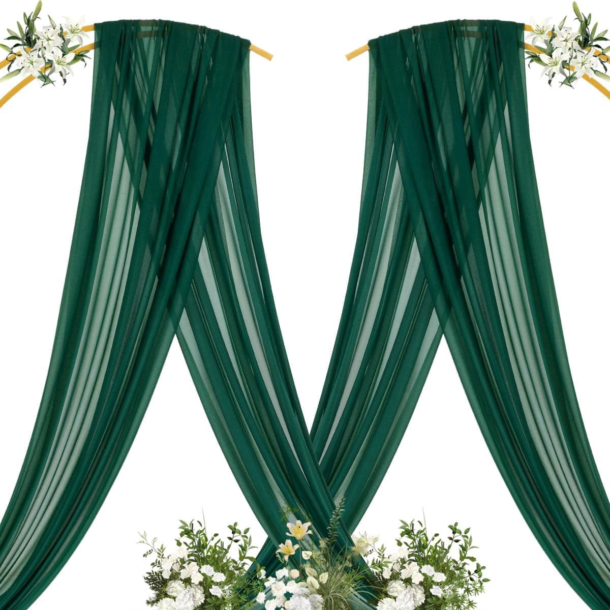 Emerald Green Wedding Arch Draping Fabric 2 Panels 29" x 20 FT Extra Long Gauze Drapes Sheer Backdrop Curtains 6.6 Yards Outdoor Drapery for Ceremony Party Ceiling Decoration