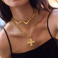 thumbnail image 5 of PISONIC 2‑Layer Irregular Gold Necklace Set,Textured Cross Pendant & Wavy Choker for Women, 5 of 8
