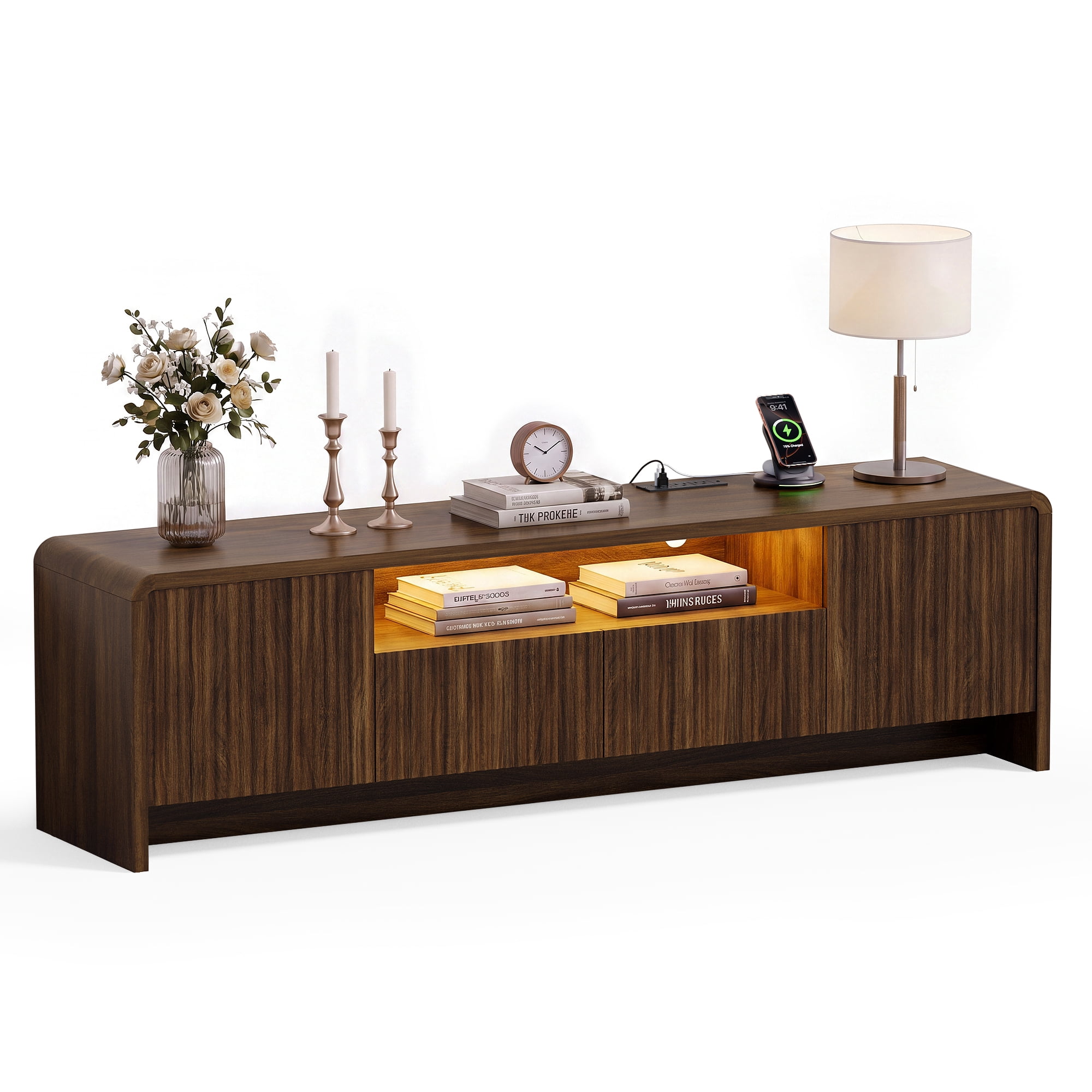 Lacoo 70 Inch Fluted TV Stand for 55-75 Inch TVs, Entertainment Center with Charging Station and RGB LED Lights, Media Console with 2 Drawers and Storage Cabinets for Living Room, Walnut