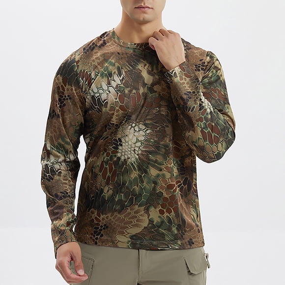 UVEASISHA Mens Camo Long Sleeve T Shirt Cotton Crewneck Quick Dry Hiking T-Shirt Slim Fit Workout Hunting Tactical Tee Gym Fitness Army Military Tops Clearance Items