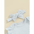 thumbnail image 6 of Bslissey Baby Girls 3Pcs Summer Outfits Short Sleeve Ruffled Romper + Elastic Waist Shorts + Bow Headband 0-18M Newborn Infant Solid Color Shorts Sets, 6 of 9