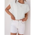 thumbnail image 3 of Womens Short Sleeve T-Shirts Round Neck Rolled Dolman Sleeve Tops Solid Casual Cropped Tees, 3 of 7