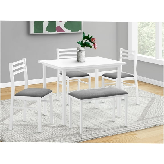 JERFIT 5-Piece Dining Table Set with Bench, Small Space Kitchen Dinette for 4, Modern White Laminate Table & Gray Fabric Upholstered Chairs, Easy Assembly Contemporary Dining Room Furniture