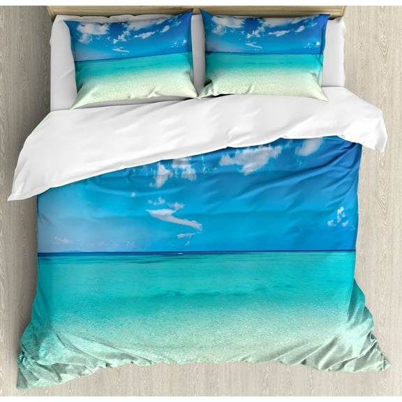 Tropical Duvet Cover Set, Paradise Ocean Dreamy Sea Vacation Serene Summer Exotic Relax Summer Picture, Decorative 3 Piece Bedding Set with 2 Pillow Shams, Calking Size, Turquoise Blue, by Ambesonne