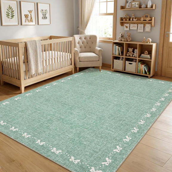 4x6 Area Rug Washable Non-Slip Low Pile Living Room Rug Bowknot Border Green