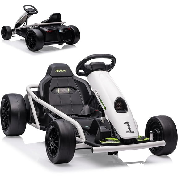 YUSAZENS 24V Electric Go Kart for Kids, 8MPH Drift Kart, 300W Motors, Music, Horn, Safety Belt, for Ages 8-12, Max Load 155 lbs, White
