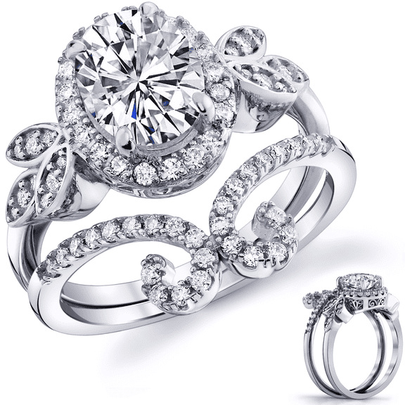Metal Masters 3Ct. Moissanite 18K White Gold Plated Silver Halo Oval Papillion Engagement Wedding Ring Bridal Set