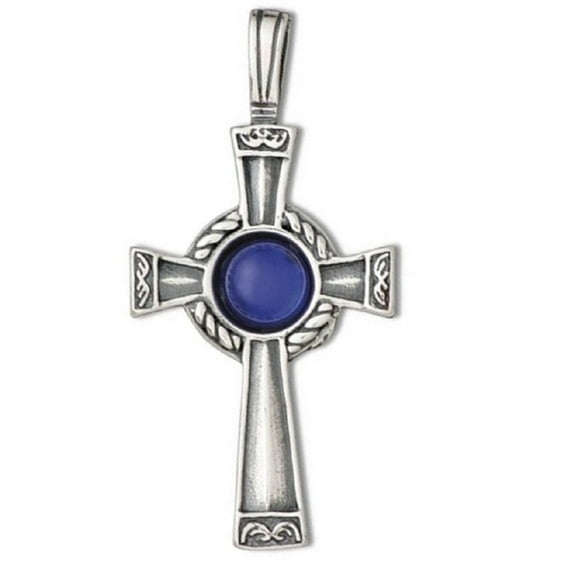 Sterling Silver 16" .8mm Box Chain Center Blue Crystal Christian Cross Pendant Necklace